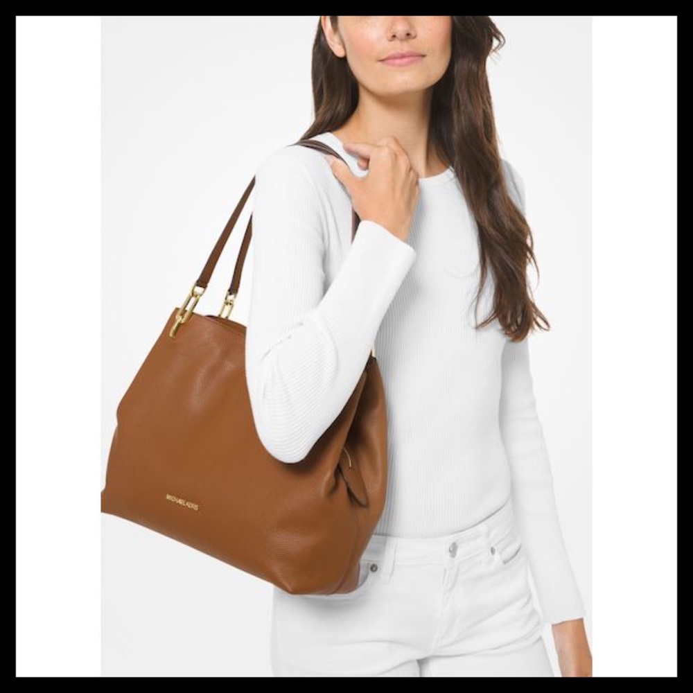 MICHAEL KORS Leighton Large Shoulder Bag Pebbled Leather Color: Luggage - Picture 2 of 11